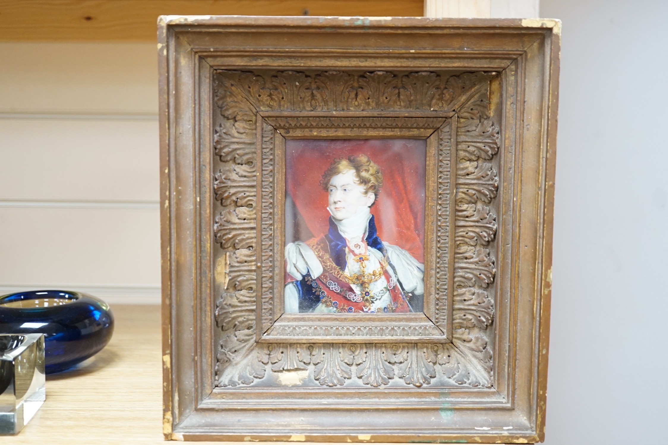 19th century English School, watercolour on ivory, Miniature portrait of George IV, 12 x 9.5cm